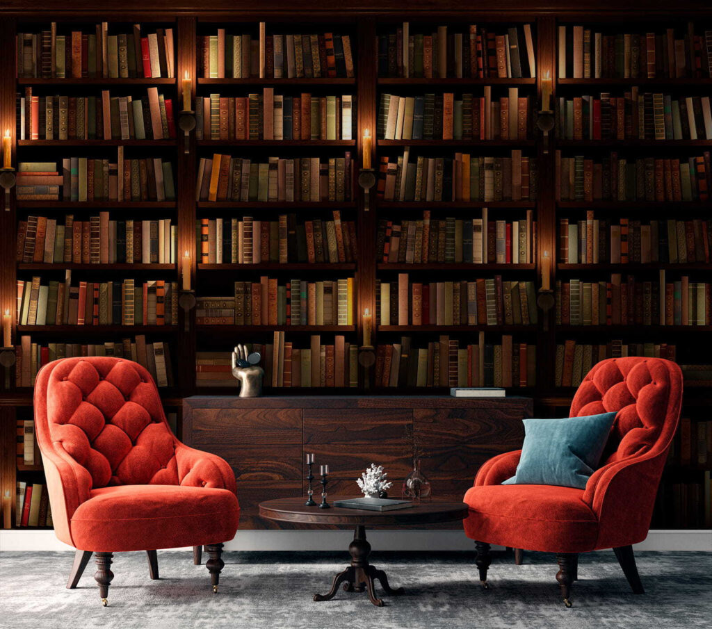 Bibliothek im warmen Schatten in einem Interieur