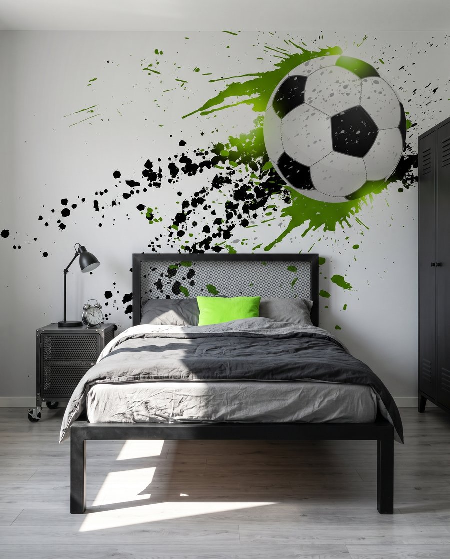 Fußball in grünen Farbspritzern in einem Interieur