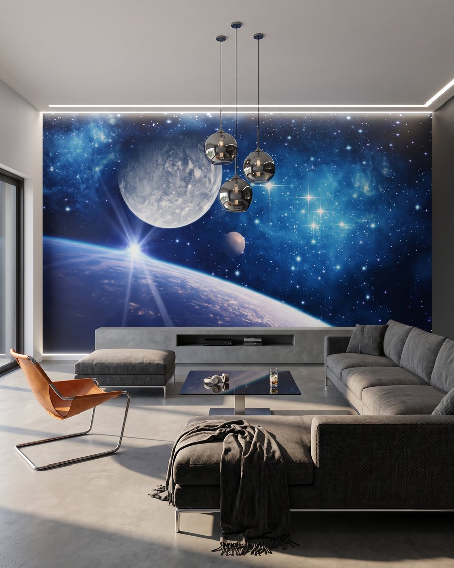 Mondwelt voller blauer Sterne in einem Interieur