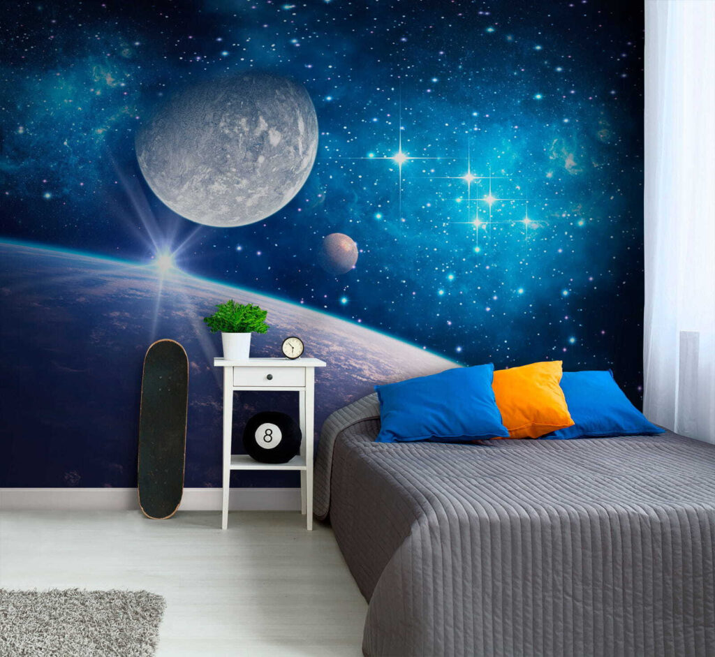 Mondwelt voller blauer Sterne in einem Interieur