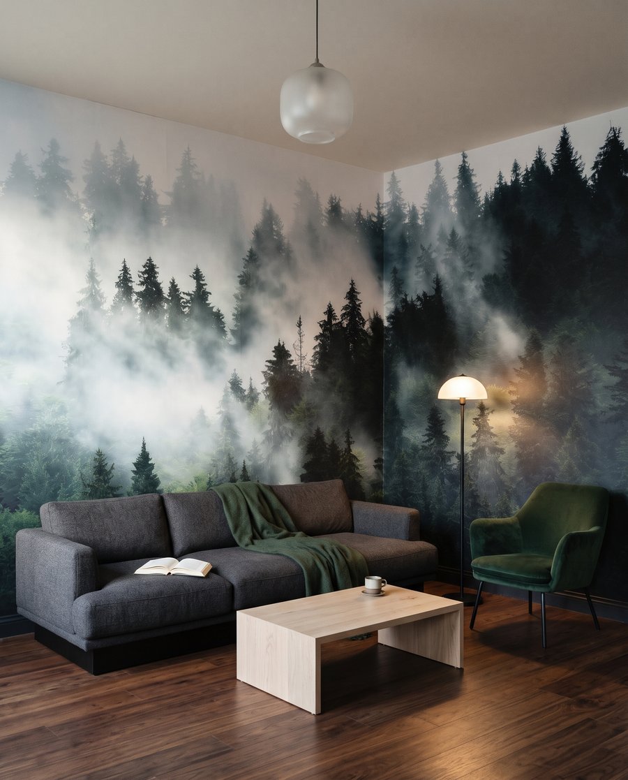 Nebel zwischen Nadelbäumen in einem Interieur