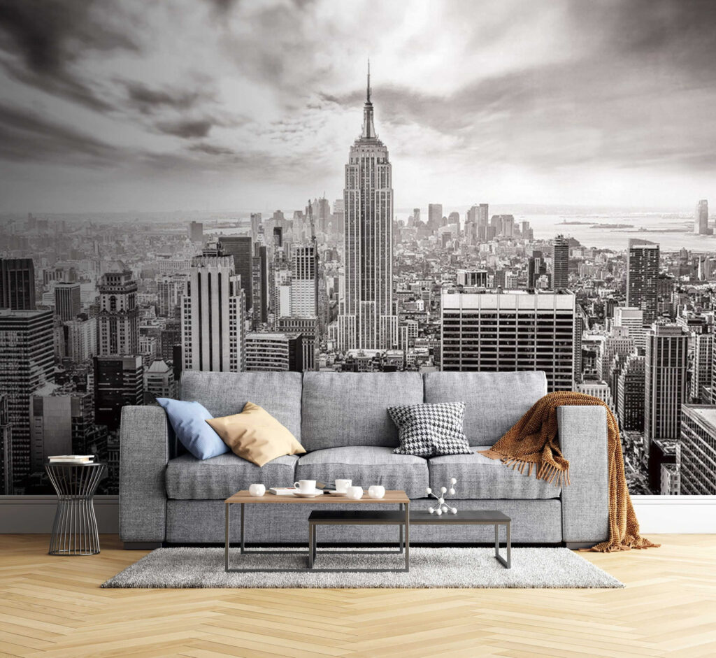 Skyline in Schwarz-Weiß in einem Interieur