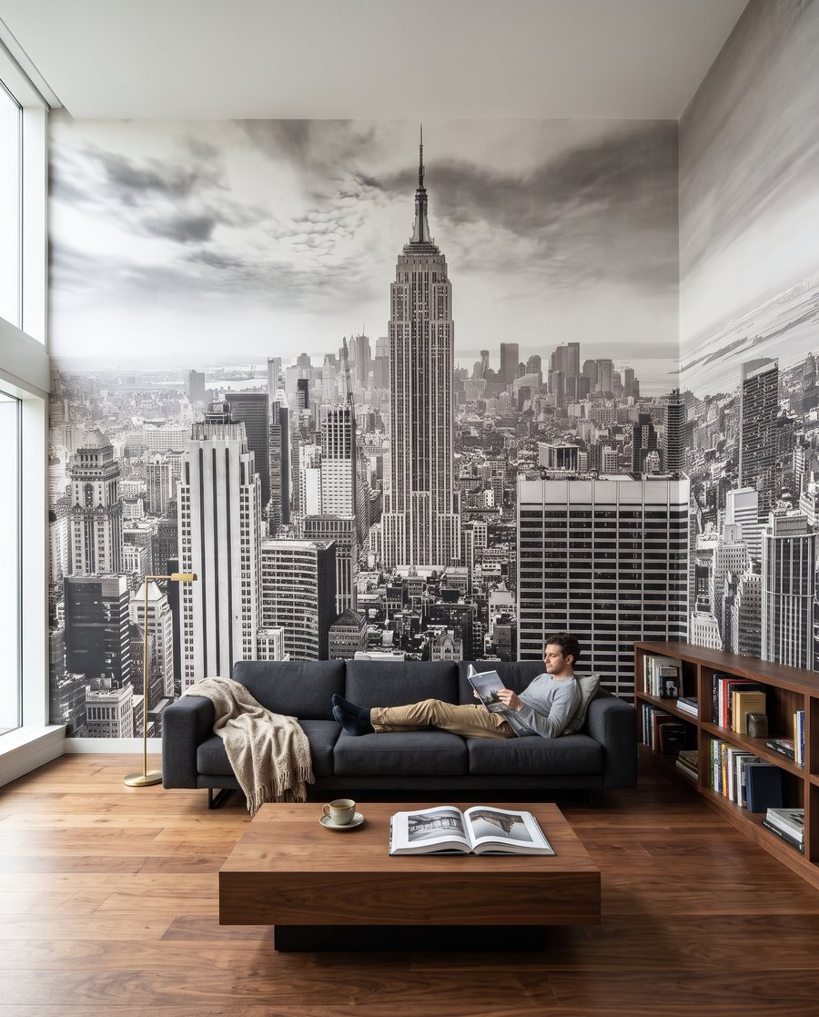 Skyline in Schwarz-Weiß in einem Interieur