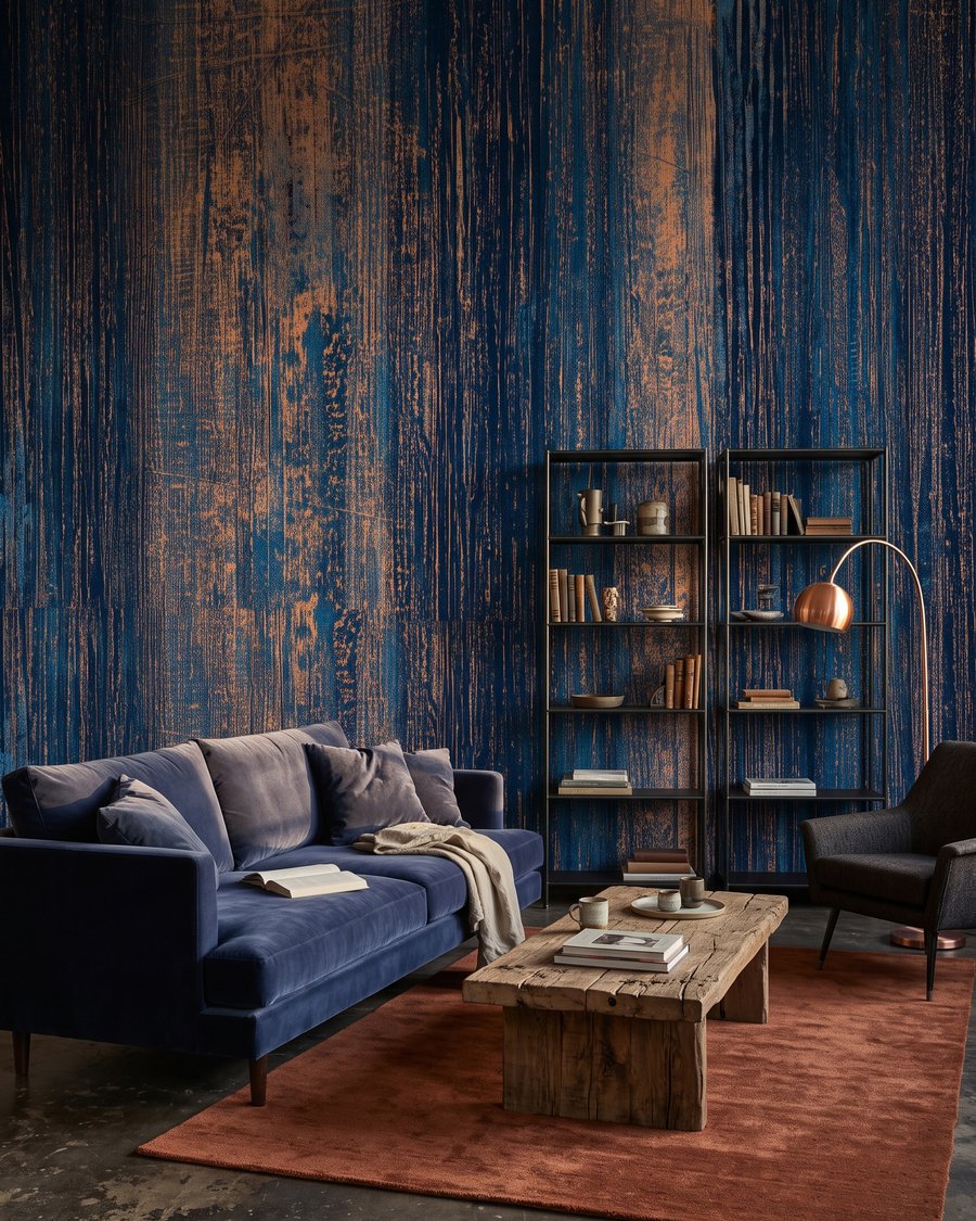 Blaue Streifen mit Rostspuren in einem Interieur