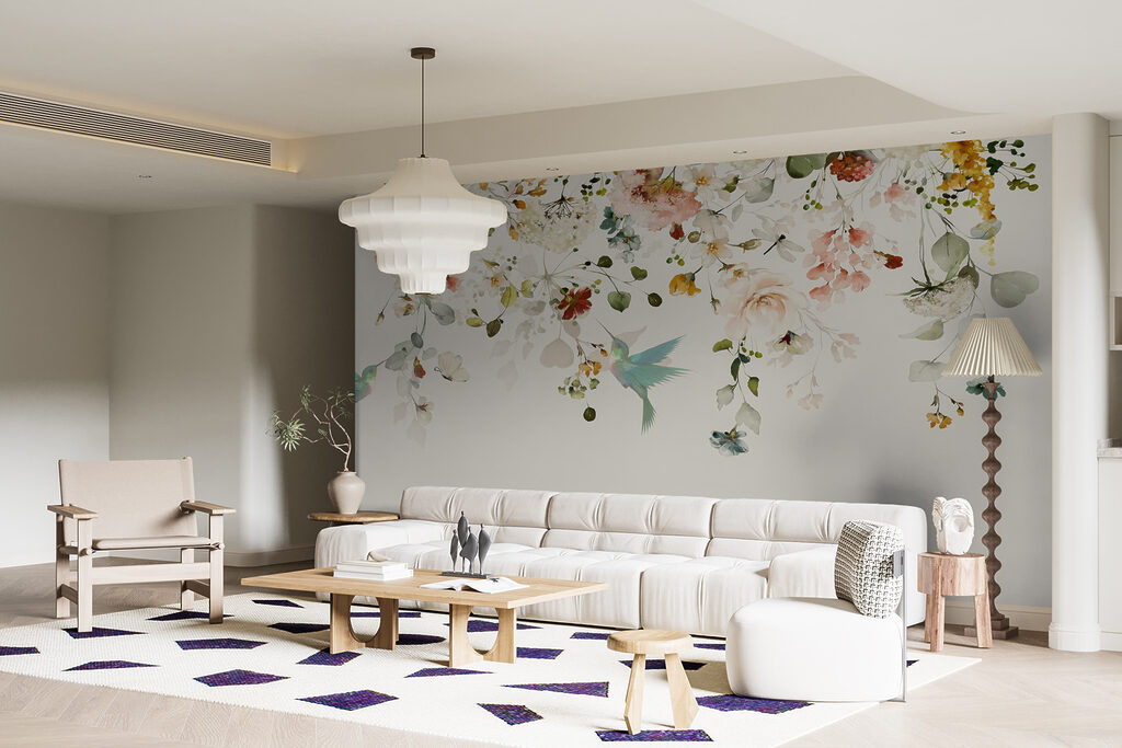 Blütenrand mit Vögelchen in einem Interieur