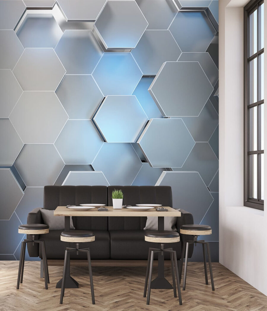 Hellblaue Sechsecke mit Tiefe in einem Interieur