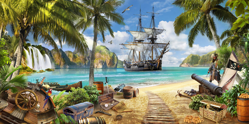 Segelschiff in der Piratenbucht — ganzes Design