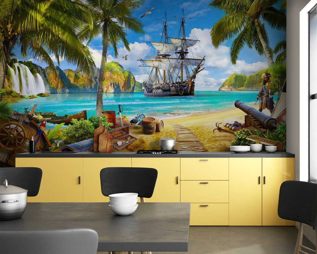 Segelschiff in der Piratenbucht in einem Interieur