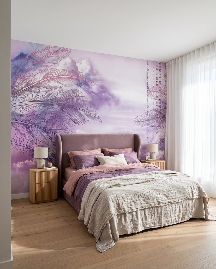 Violette Schaukel zwischen Federn in einem Interieur