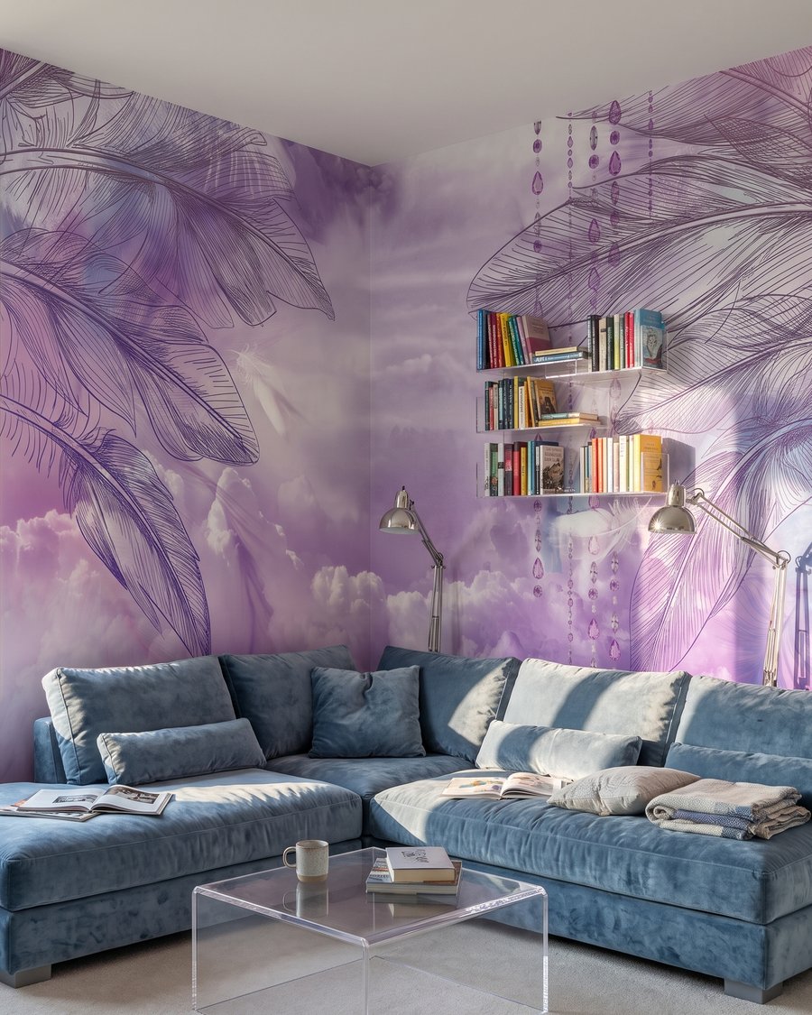 Violette Schaukel zwischen Federn in einem Interieur