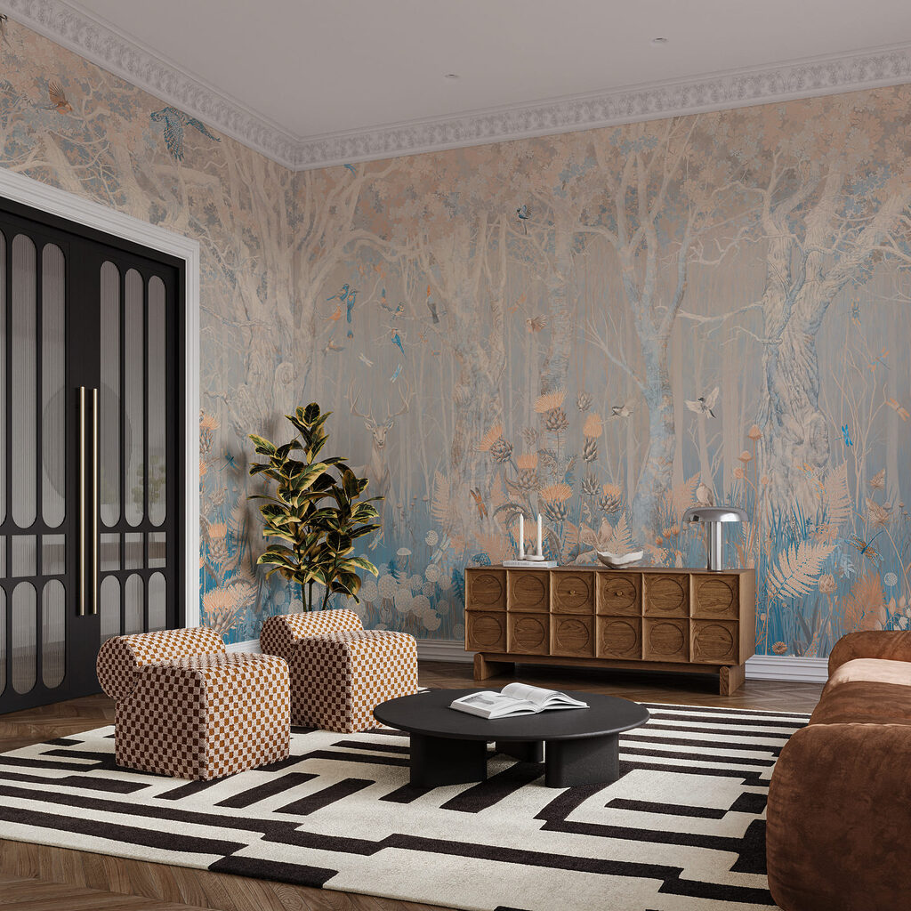 Blasse Bäume über Blumen in einem Interieur