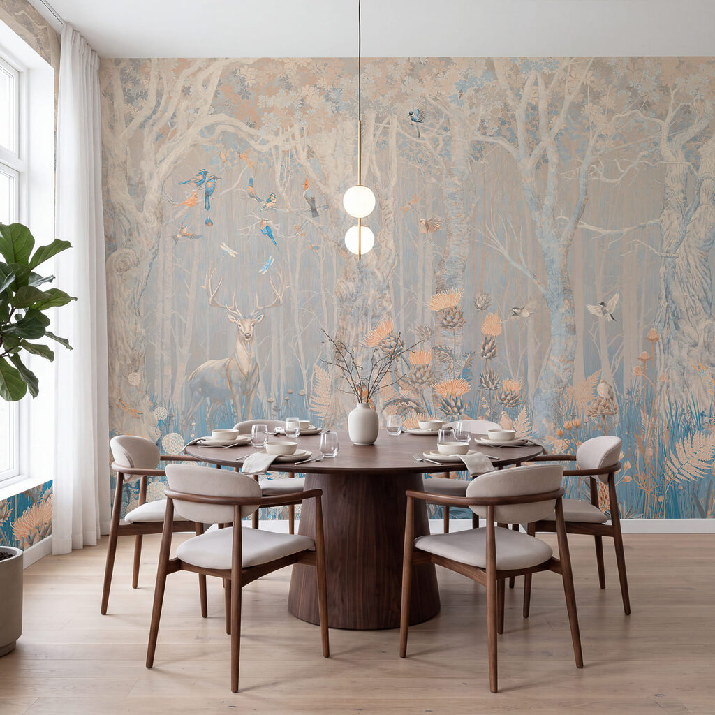 Blasse Bäume über Blumen in einem Interieur