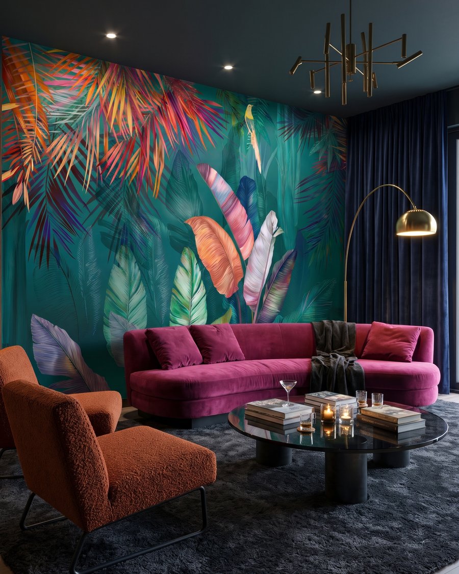 Tropenblätter in Juwelenfarben in einem Interieur