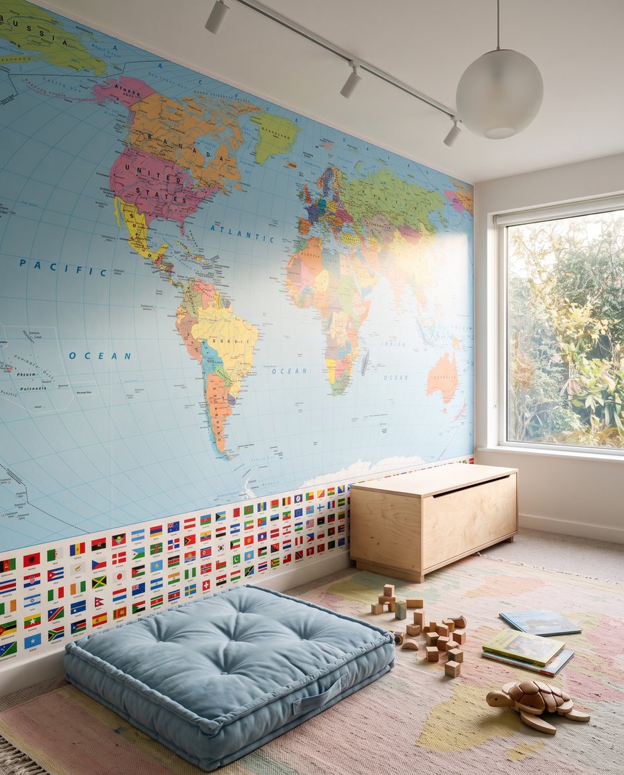 Eine Welt voller Flaggen in einem Interieur