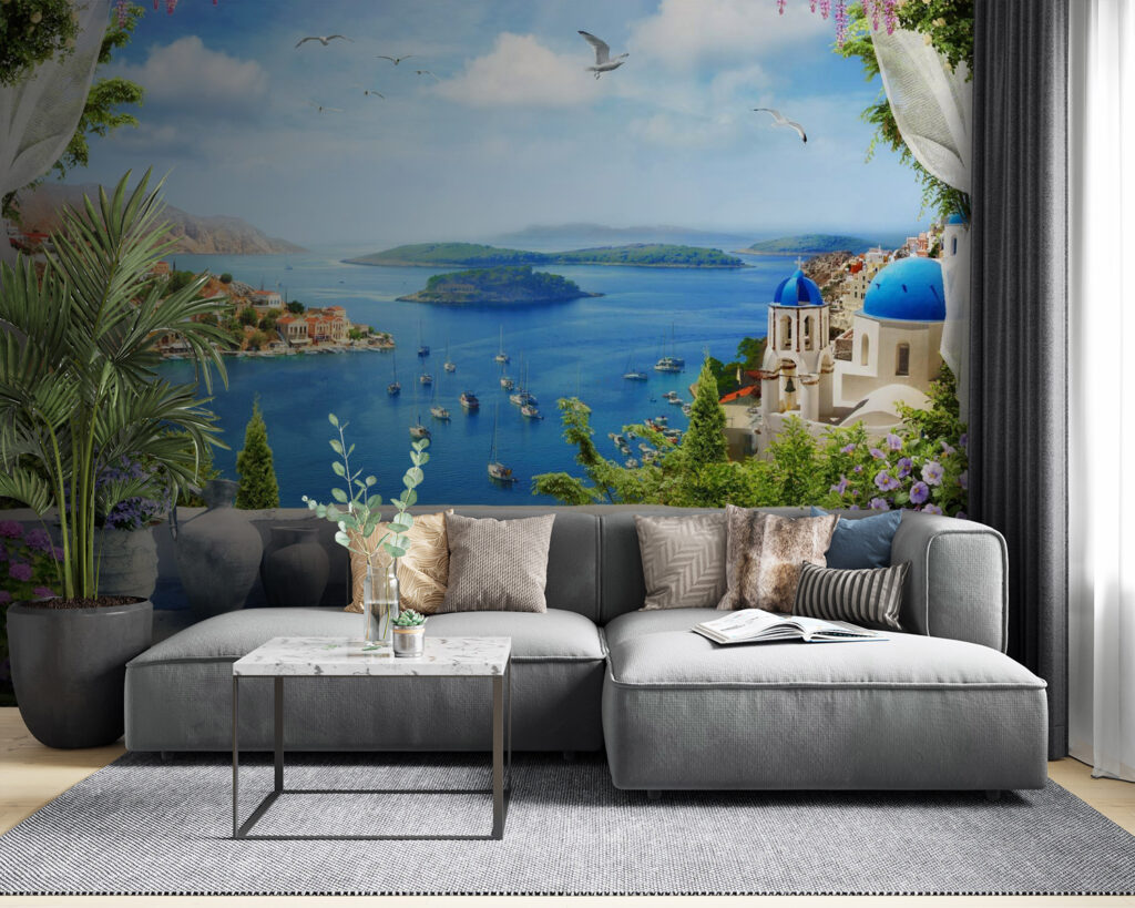 Terrasse über blauem Wasser in einem Interieur