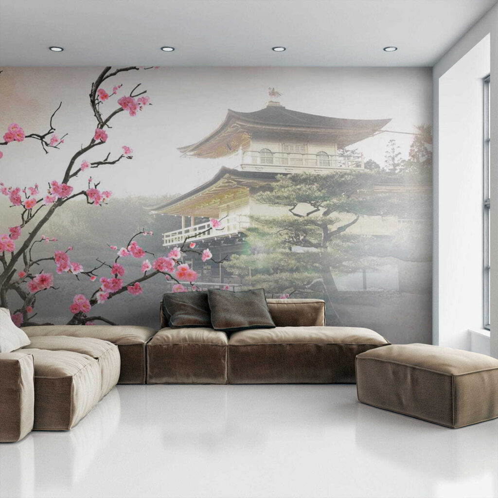 Blüten über Tempeldächern in einem Interieur