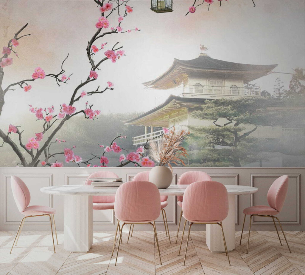 Blüten über Tempeldächern in einem Interieur