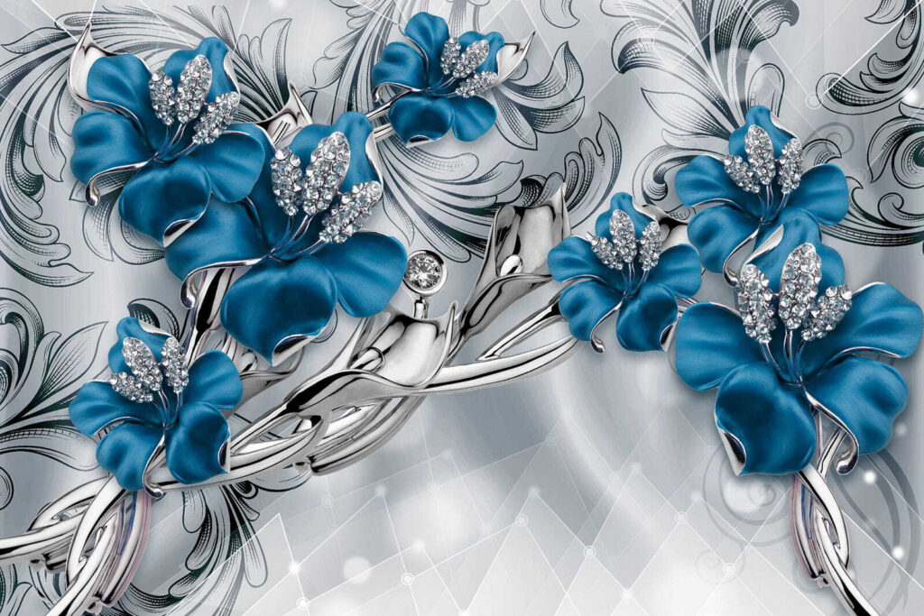 Blaue Orchideen mit Silberranken — ganzes Design