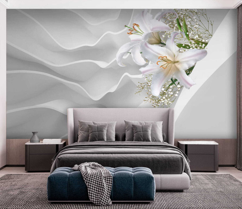 Lilien an weißen Wellen in einem Interieur
