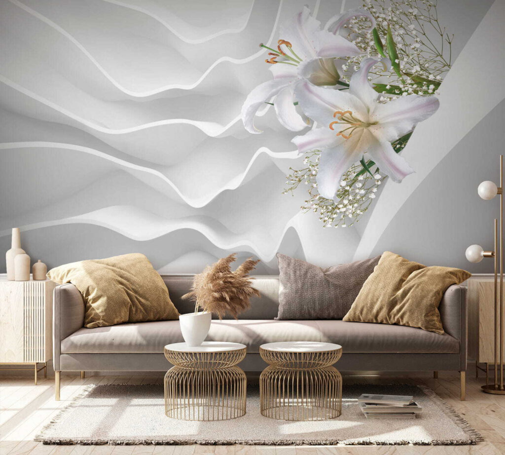 Lilien an weißen Wellen in einem Interieur