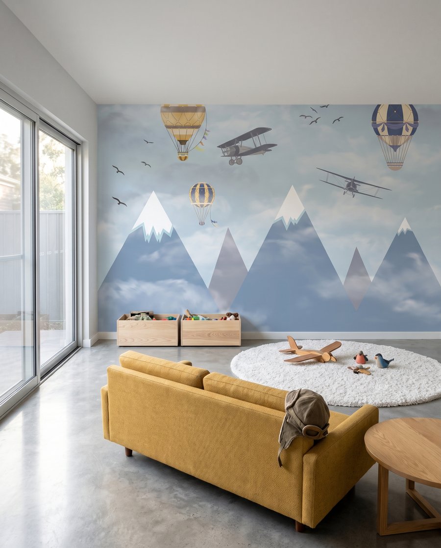 Ballons über weißen Gipfeln in einem Interieur