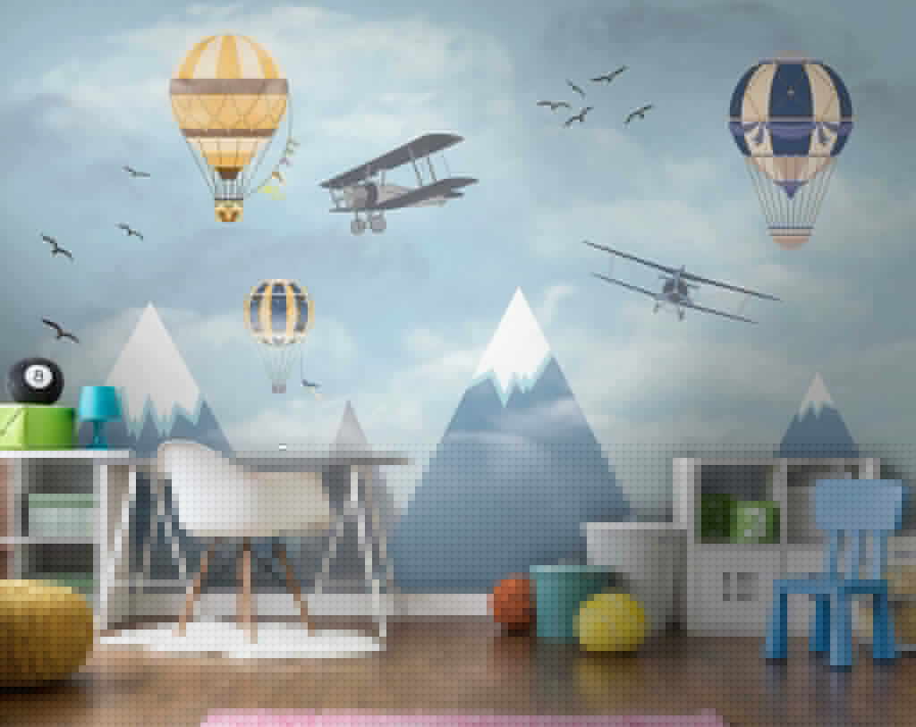 Ballons über weißen Gipfeln in einem Interieur