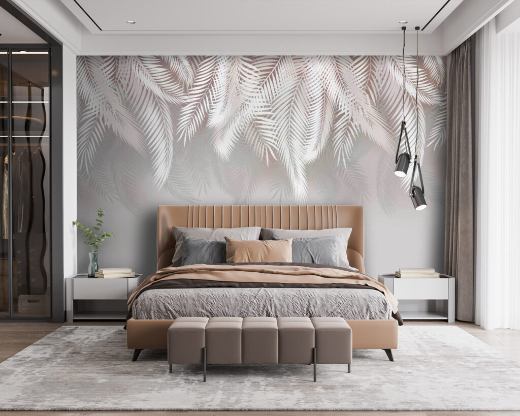 Palmblätter über offener Fläche in einem Interieur