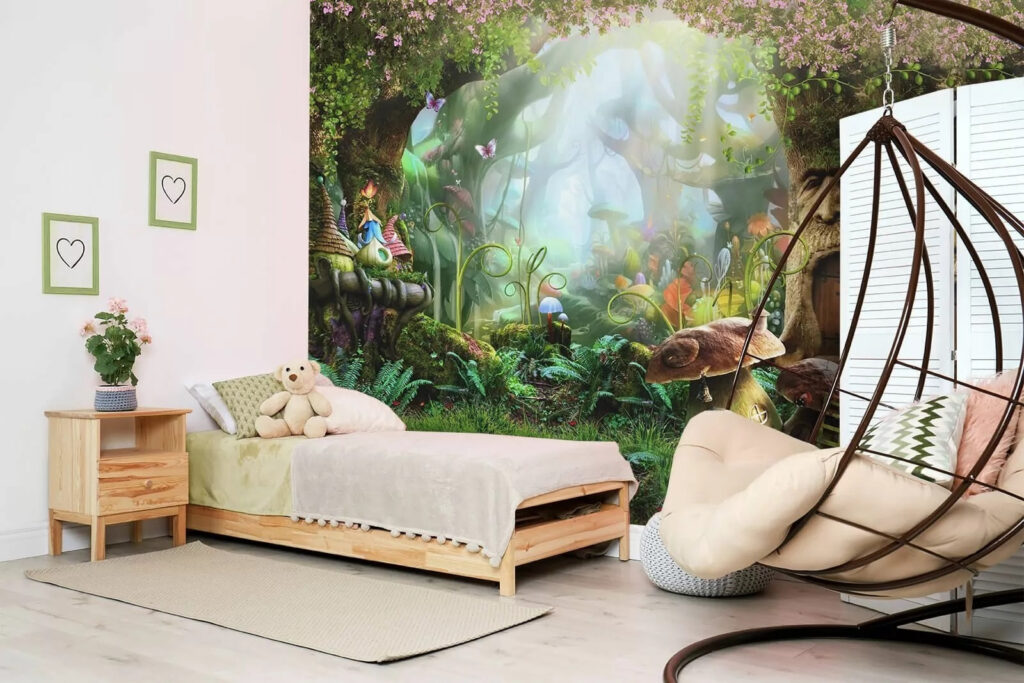 Märchendorf zwischen Baumwurzeln in einem Interieur