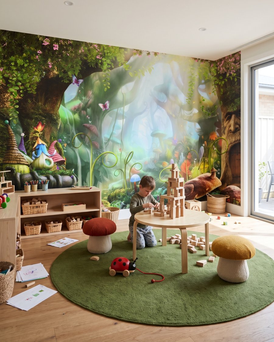 Märchendorf zwischen Baumwurzeln in einem Interieur