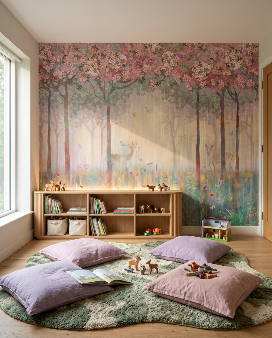 Hirsch im Blütenwald in einem Interieur
