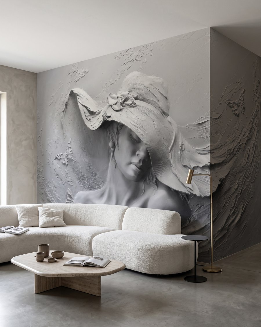 Frau mit welligem Hut in einem Interieur