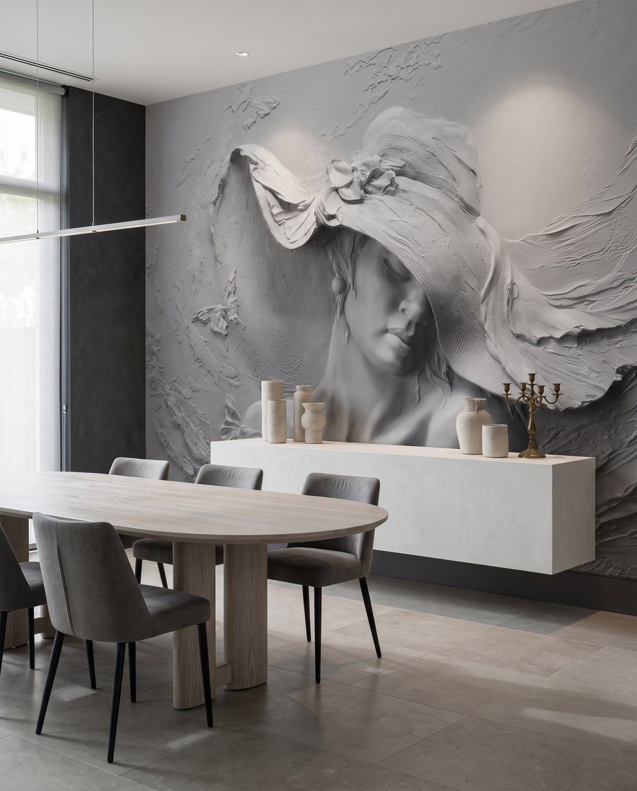 Frau mit welligem Hut in einem Interieur
