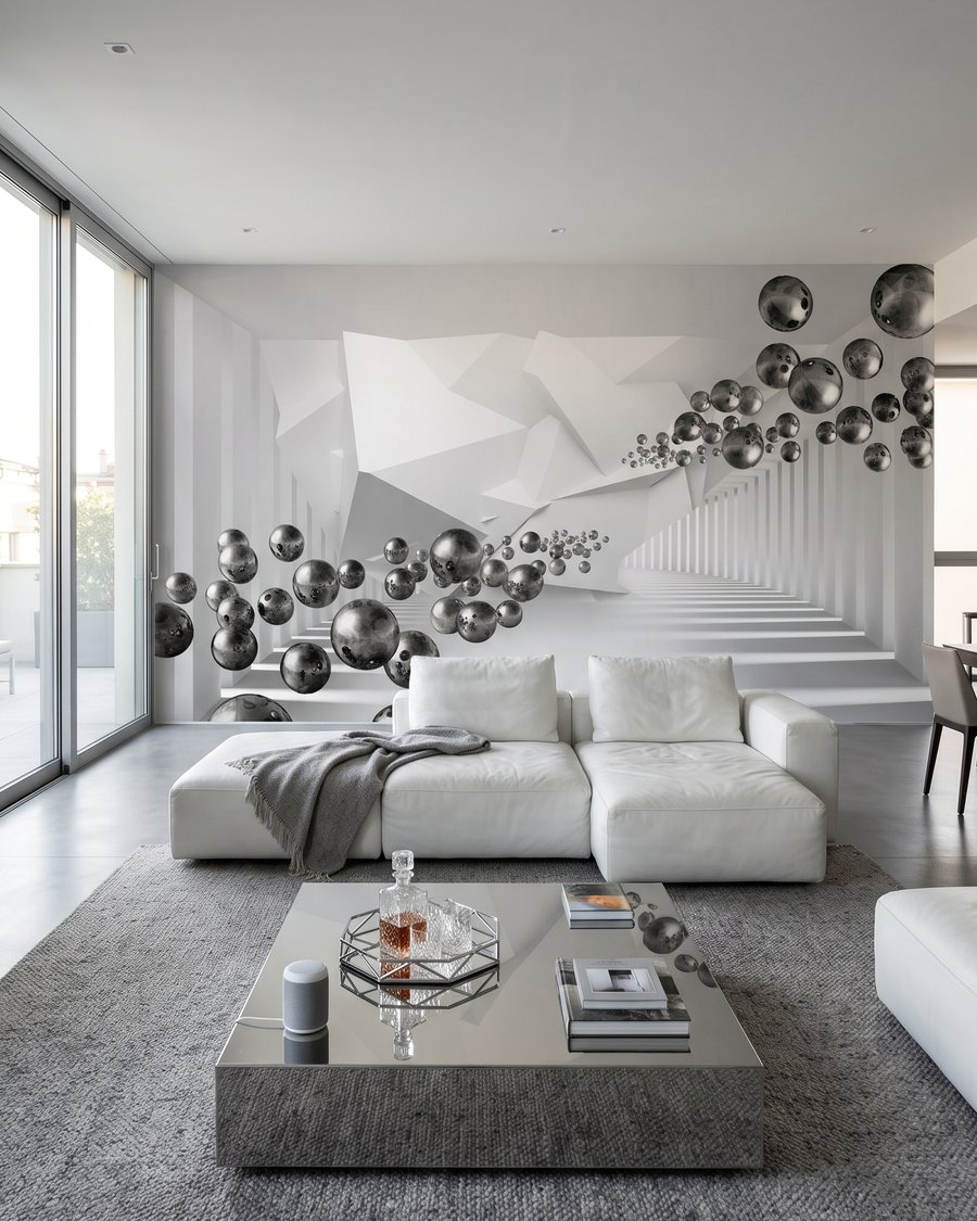 Kugeln in weißer Tiefe in einem Interieur