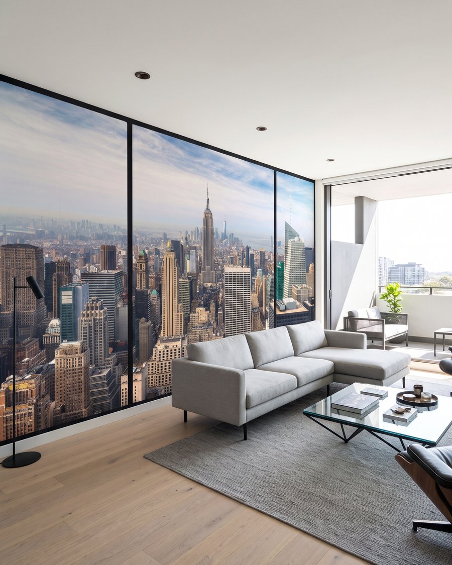 Manhattan hinter dem Sprossenfenster in einem Interieur