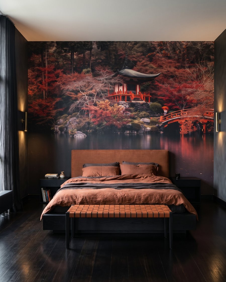 Roter Garten am Wasser in einem Interieur