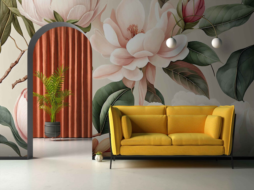 Blüten an gewundenen Zweigen in einem Interieur