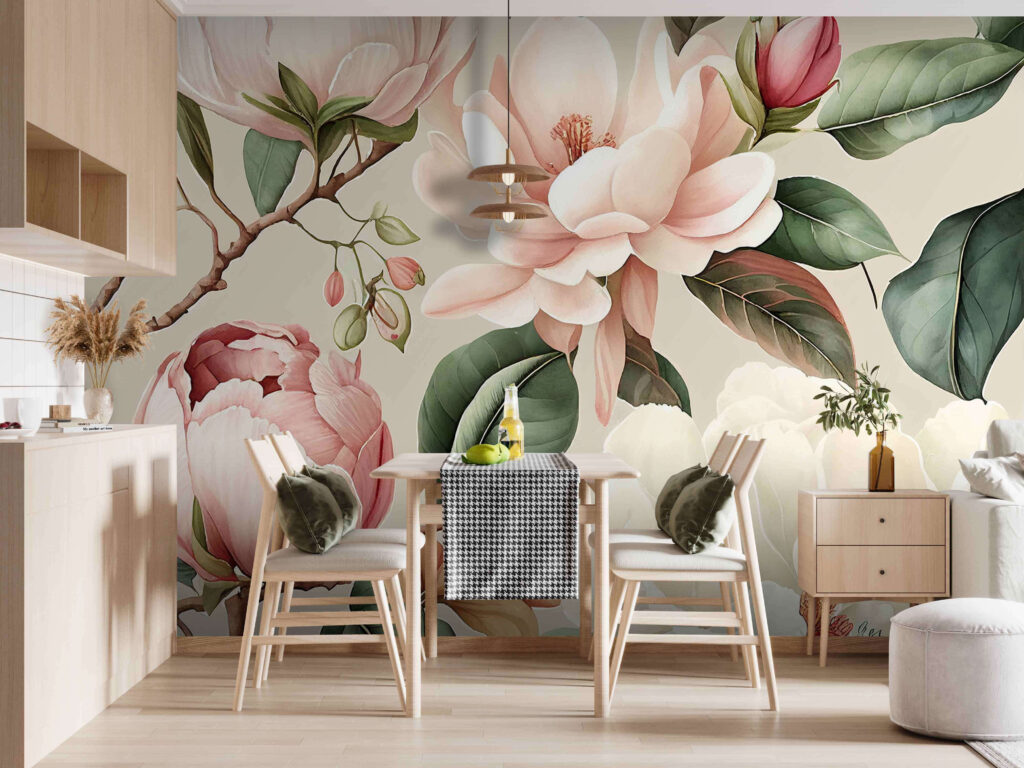 Blüten an gewundenen Zweigen in einem Interieur
