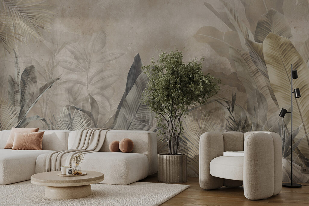 Palmen in zartem Kohlegrau in einem Interieur
