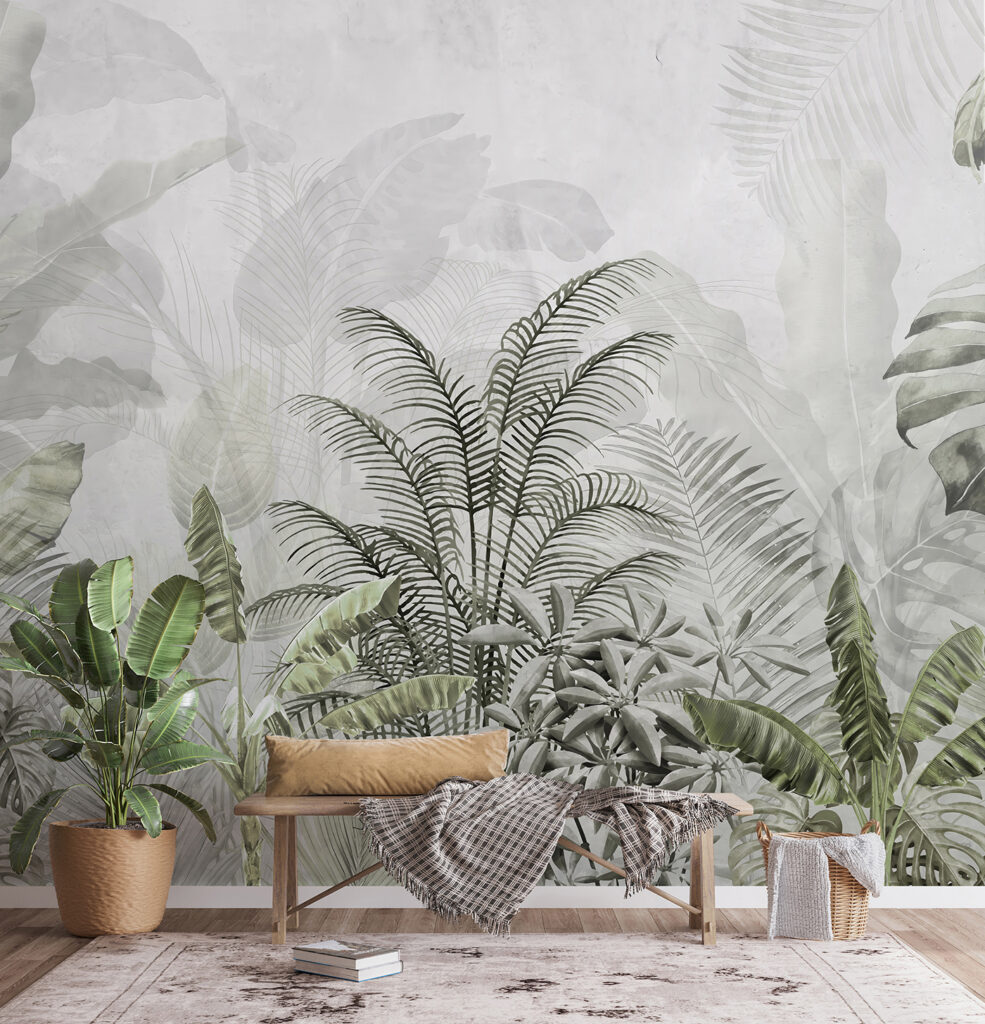 Tropenlaub in Schichten in einem Interieur
