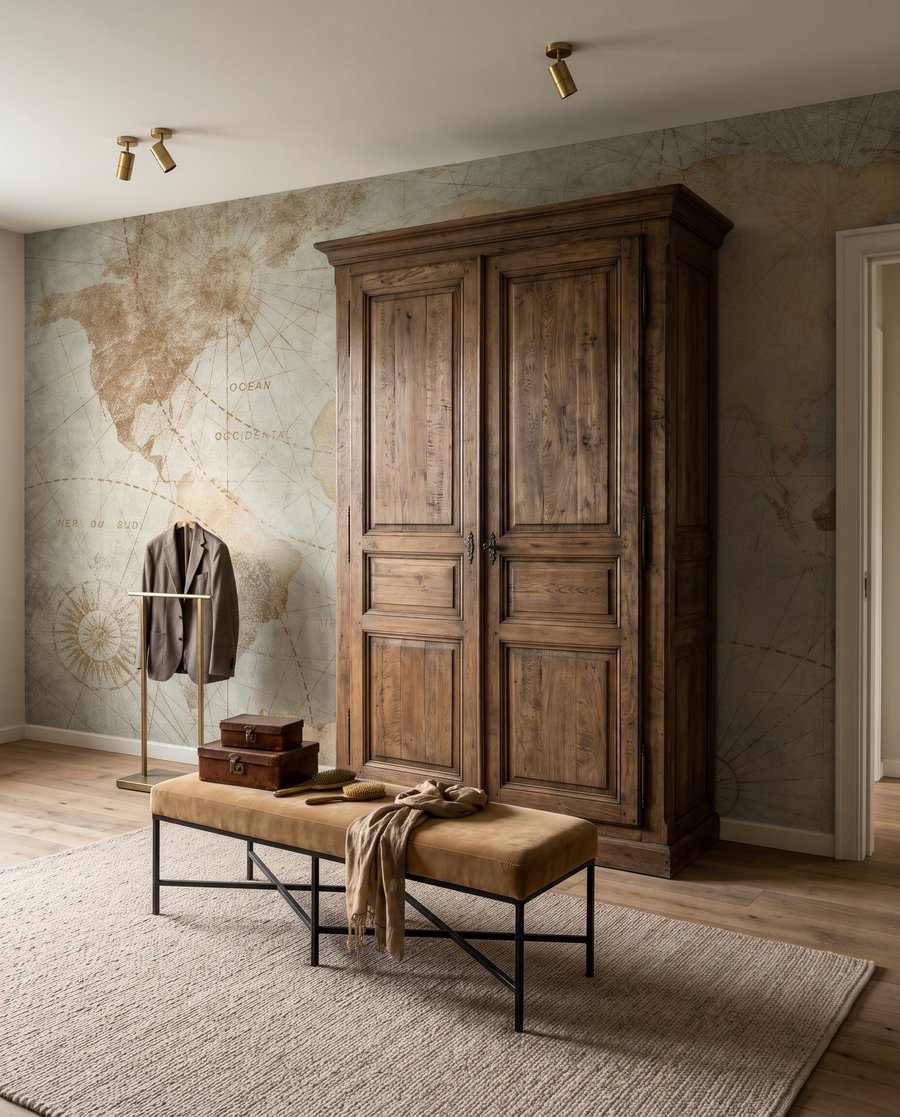 Welt als alte Seekarte in einem Interieur