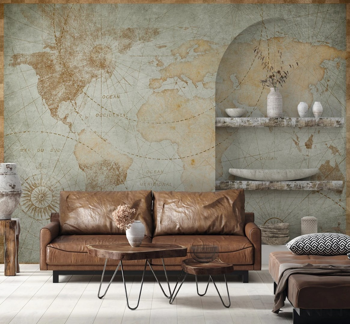 Welt als alte Seekarte in einem Interieur