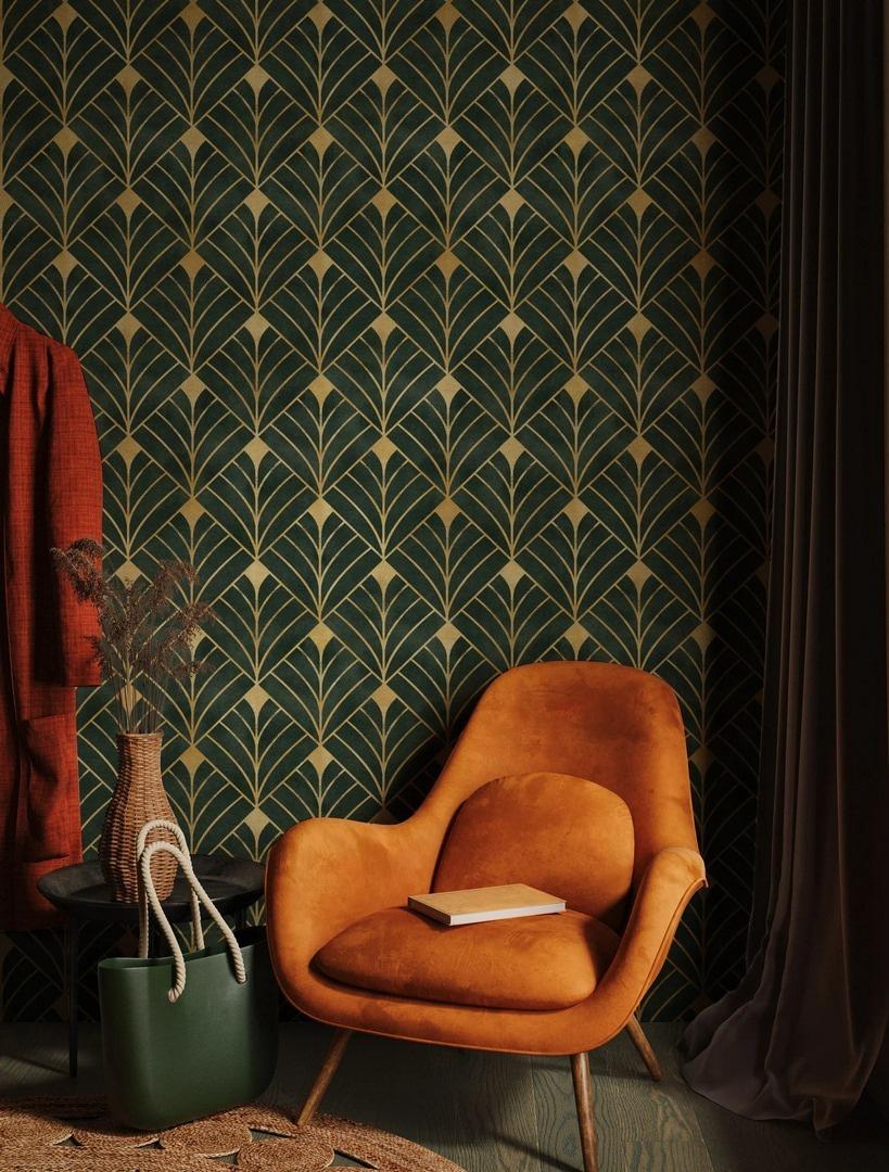 Grüne Fächer, goldene Linien in einem Interieur