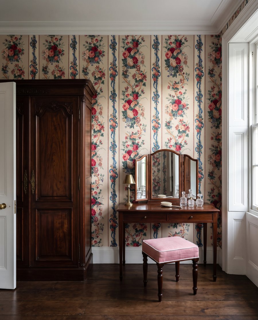 Rosensträuße zwischen Zierbändern in einem Interieur