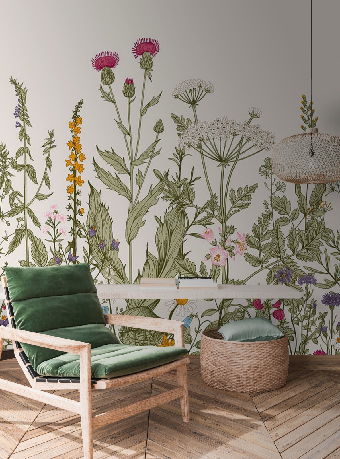 Wildblumen unter rosa Himmel in einem Interieur