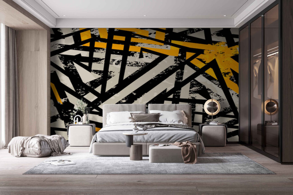 Schwarze Kreuzlinien mit Gelb in einem Interieur
