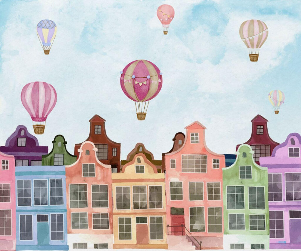 Häuserzeile mit Heißluftballons — ganzes Design