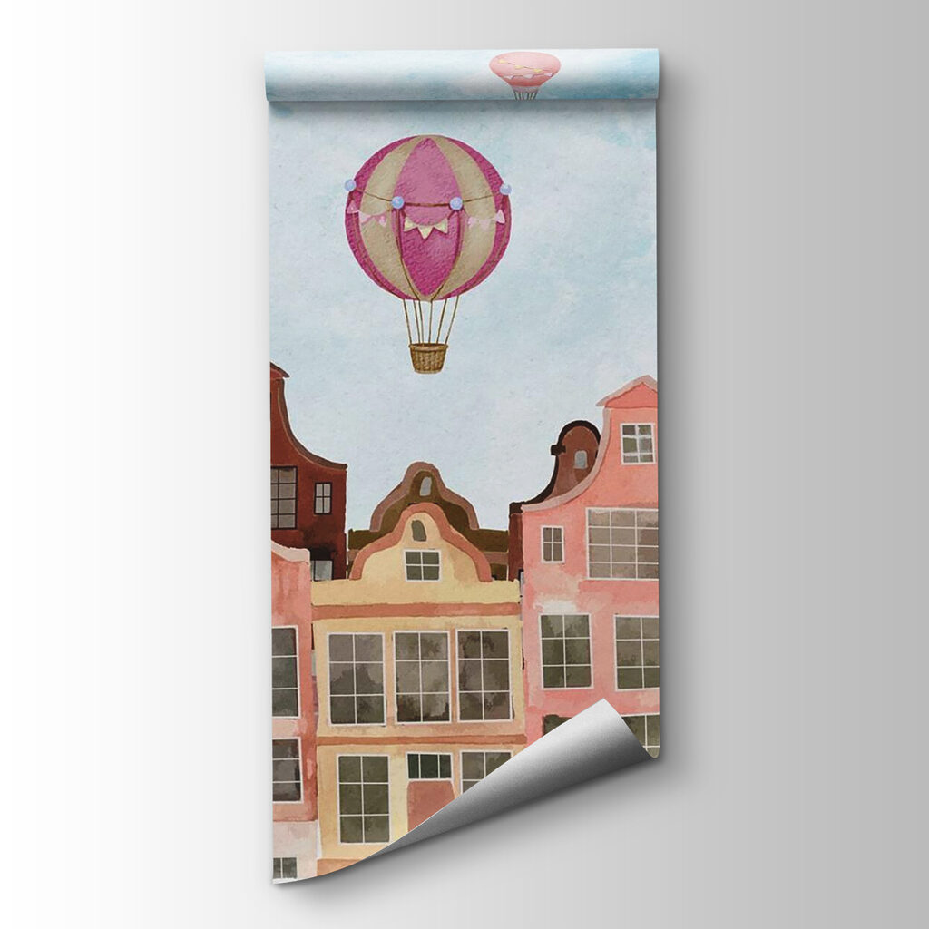 Häuserzeile mit Heißluftballons — Produktansicht