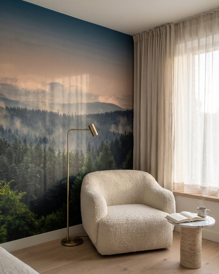 Abendlicht über Kiefern in einem Interieur