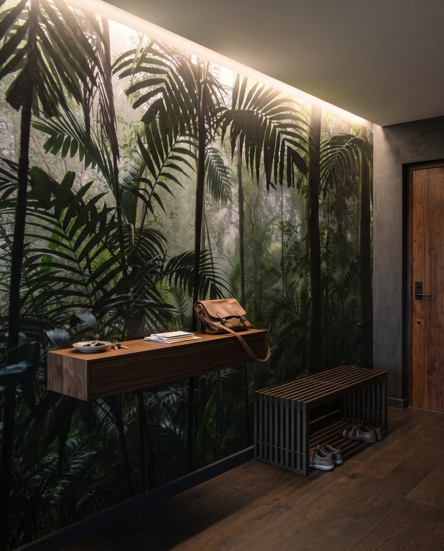 Zwischen hohen Dschungelpalmen in einem Interieur