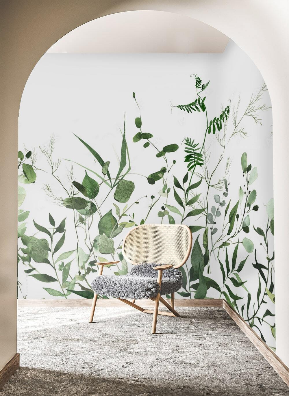 Grüne Zweige auf Weiß in einem Interieur